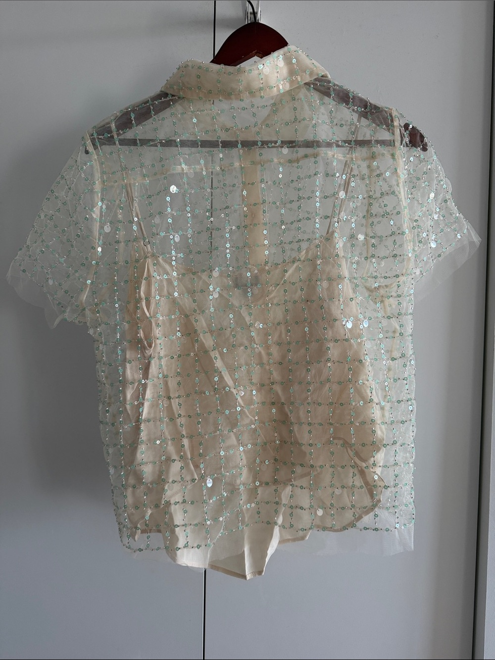 J. Crew Embellished button-up short-sleeve shirt Size 14 Sequin Cream - Picture 6 of 7